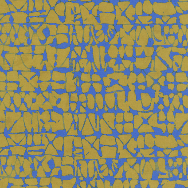 Mustard yellow fabric with structured rows of irregular lines in royal blue.
