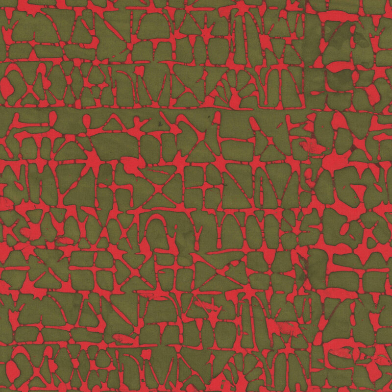 Army green fabric with structured rows of irregular lines in tomato red.