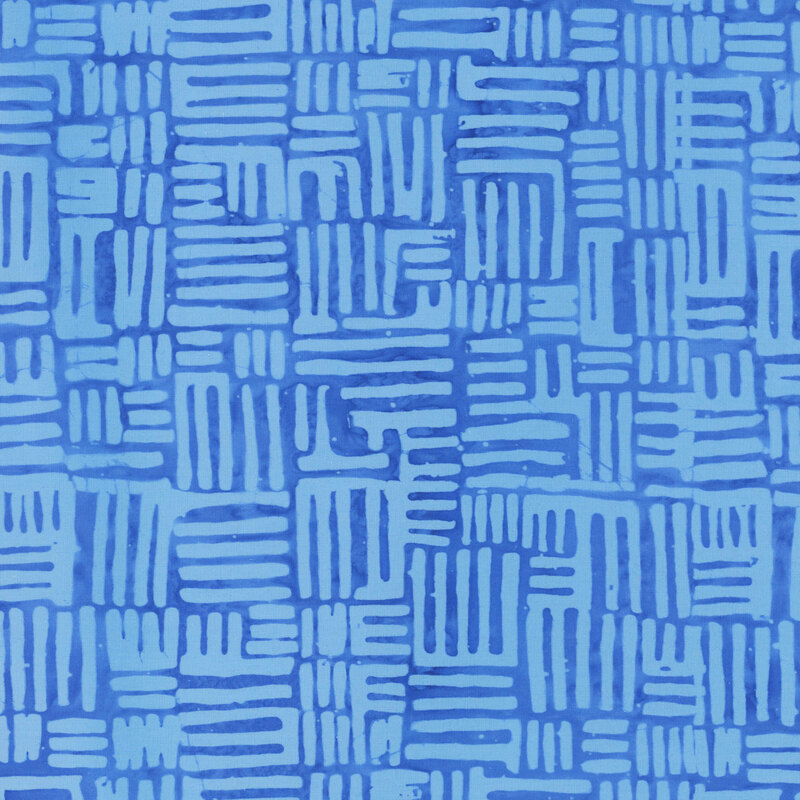 Royal blue fabric with structured squares of hatched lines in light blue.