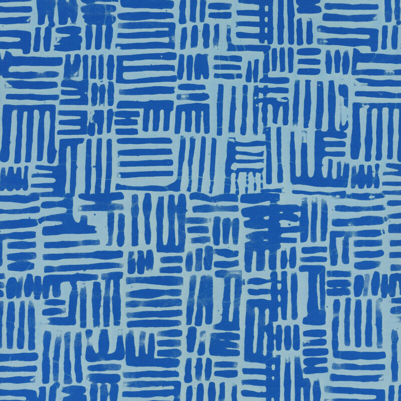 Light blue fabric with structured squares of hatched lines in dark blue.