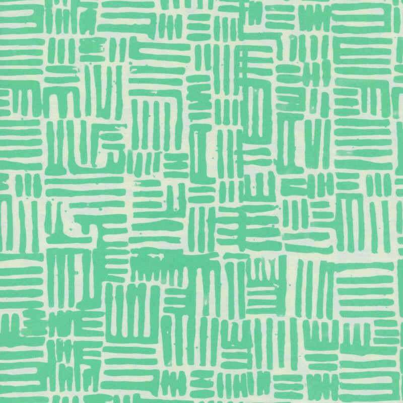 Pale mint green fabric with structured squares of hatched lines in tonal aqua green.