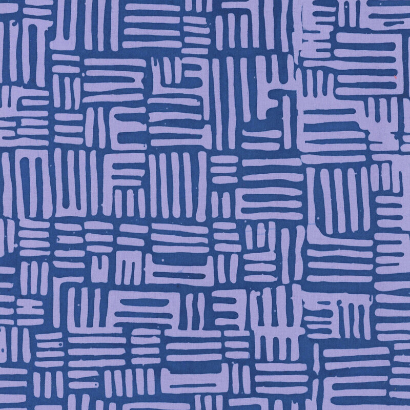 Indigo blue fabric with structured squares of hatched lines in heather purple.