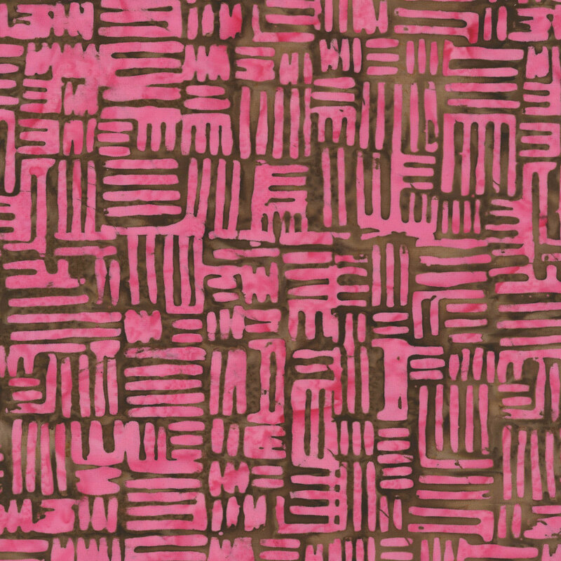 Saddle brown fabric with structured squares of hatched lines in bright pink.