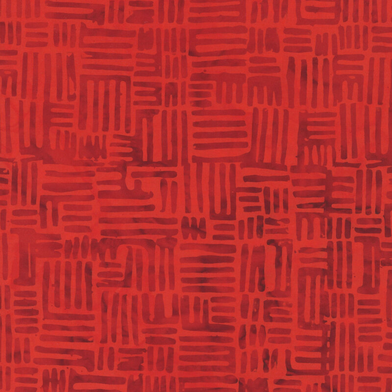 Bright tomato red fabric with structured squares of hatched lines in tonal red.