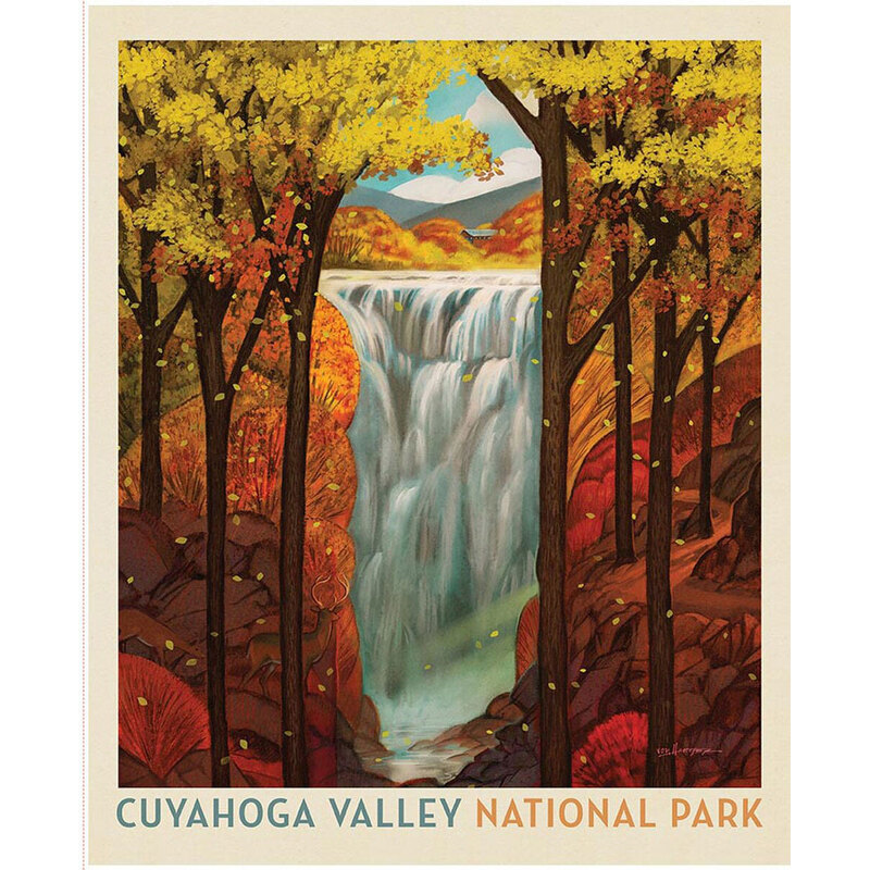 Fabric panel with a park poster design for Cuyahoga Valley National Park depicting a waterfall scene with a fall forest. 