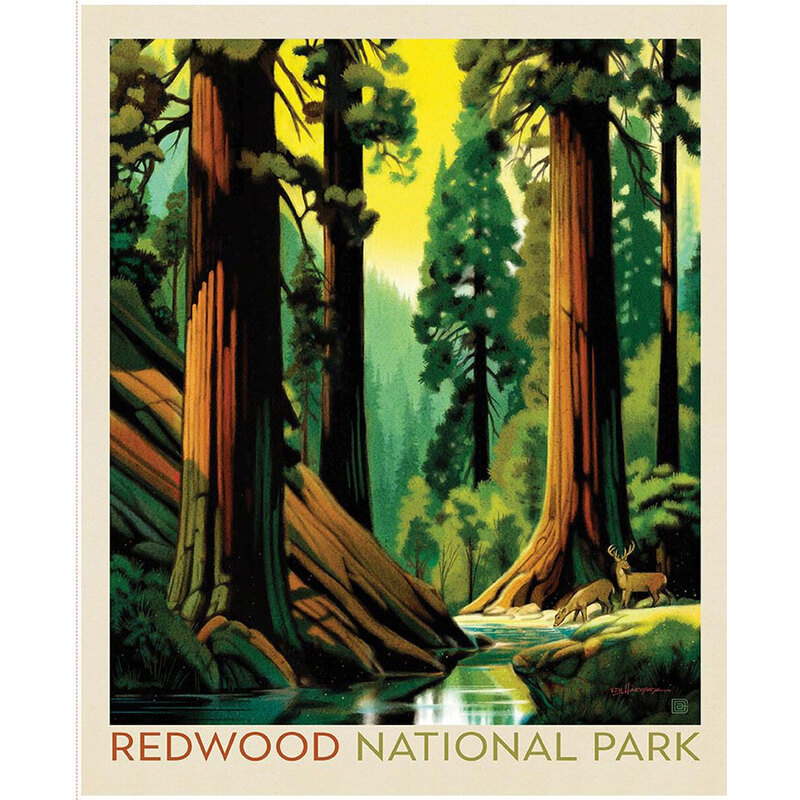 Fabric panel with a park poster design for Redwood National Park depicting a scene of a forest river.