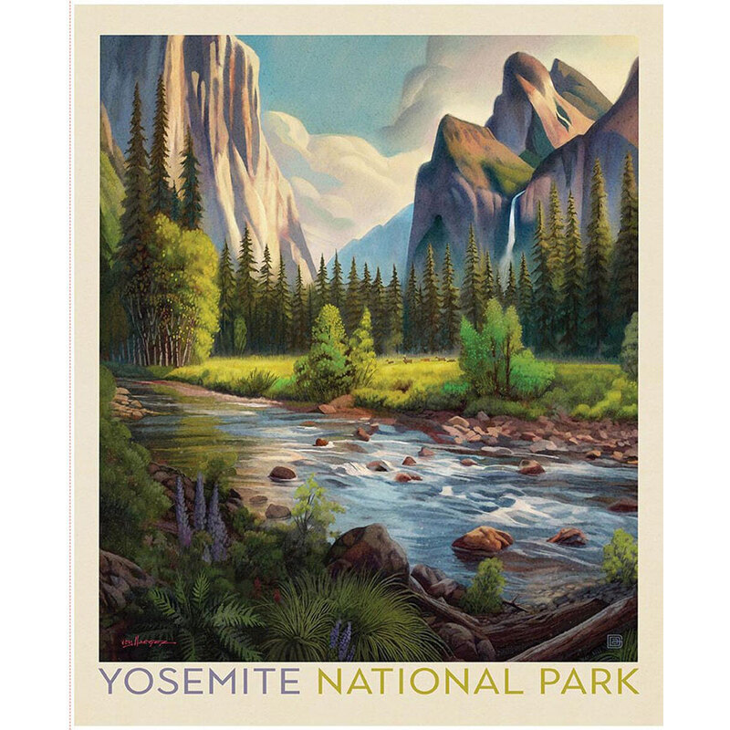 Fabric panel with a park poster design for Yosemite National Park depicting a scene of a mountain river valley.