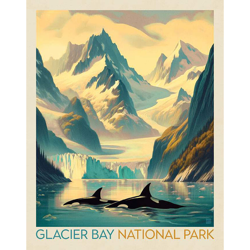 Fabric panel with a park poster design for Glacier Bay National Park depicting a scene of orcas with the mountains and glacier in the background.