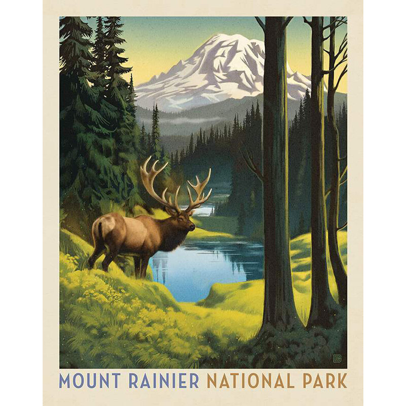 Fabric panel with a park poster design for Mount Rainier National Park depicting a scene of a lake with the mountain in the background.