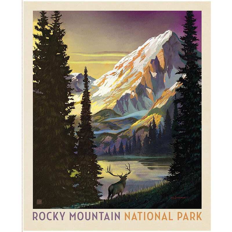Fabric panel with a park poster design for Rocky Mountain National Park depicting a scene of a mountain lakeside. 