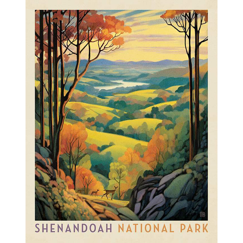 Fabric panel with a park poster design for Shenandoah National Park depicting a scene of the valley flanked by trees. 