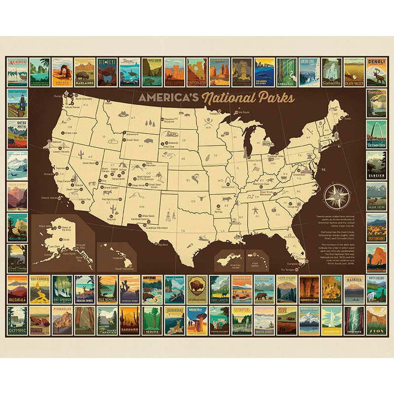 Fabric panel with a map of the United States accented with an assortment of national park poster designs.