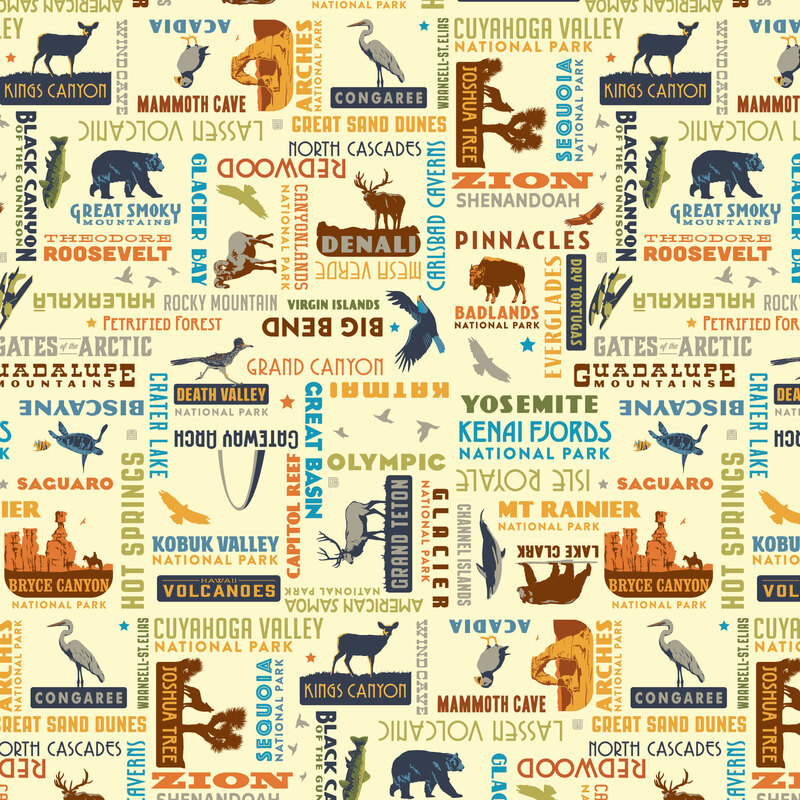 Cream fabric with a playful tossed pattern of iconic national park logos.