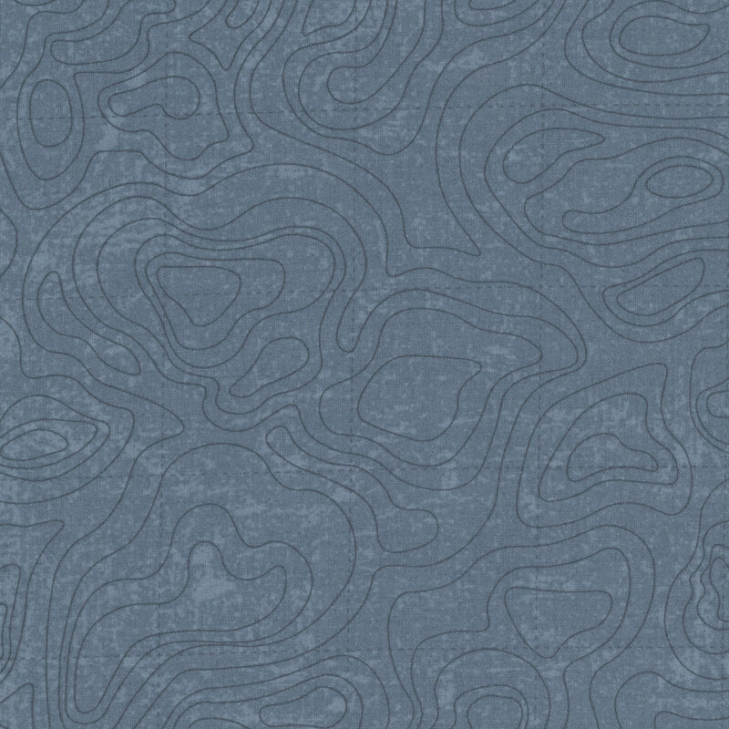 Blue fabric with an intricate pattern inspired by the winding contours of a topographical map.