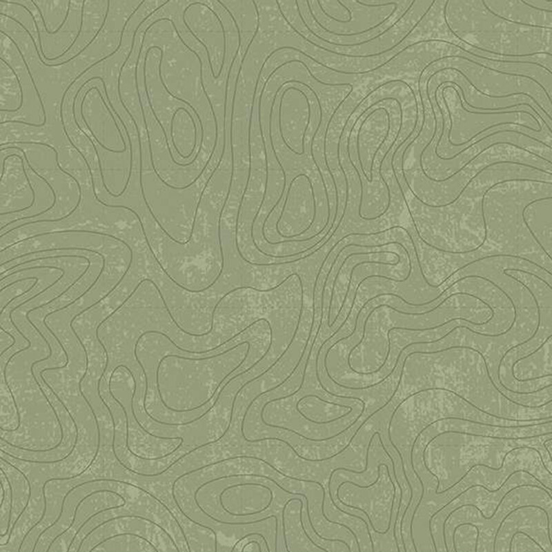 Green fabric with an intricate pattern inspired by the winding contours of a topographical map. 