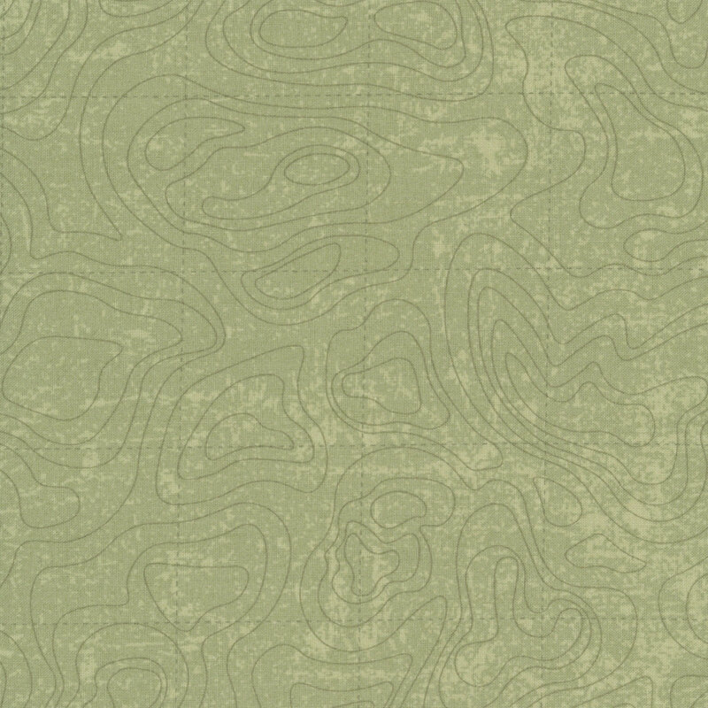 Green fabric with an intricate pattern inspired by the winding contours of a topographical map. 