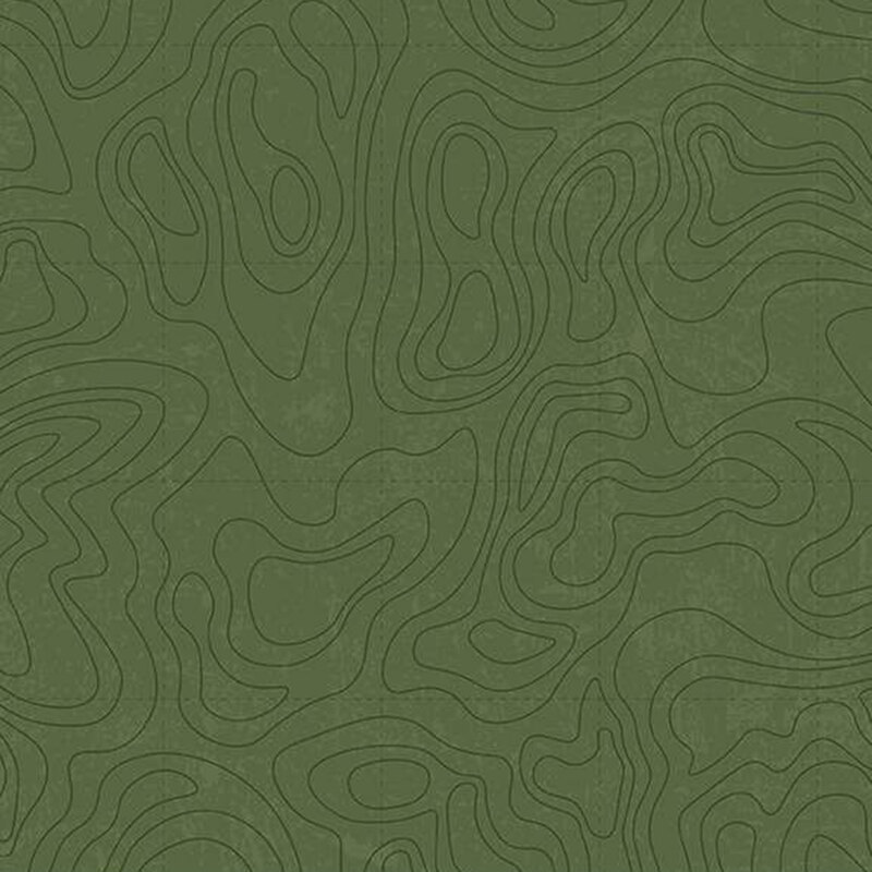 Green fabric with an intricate pattern inspired by the winding contours of a topographical map. 