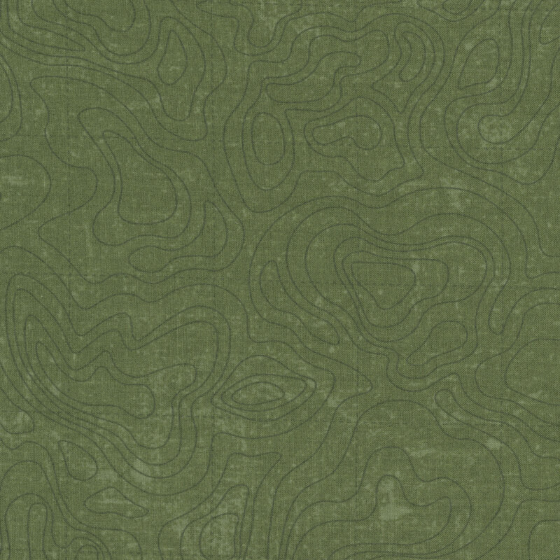 Green fabric with an intricate pattern inspired by the winding contours of a topographical map. 