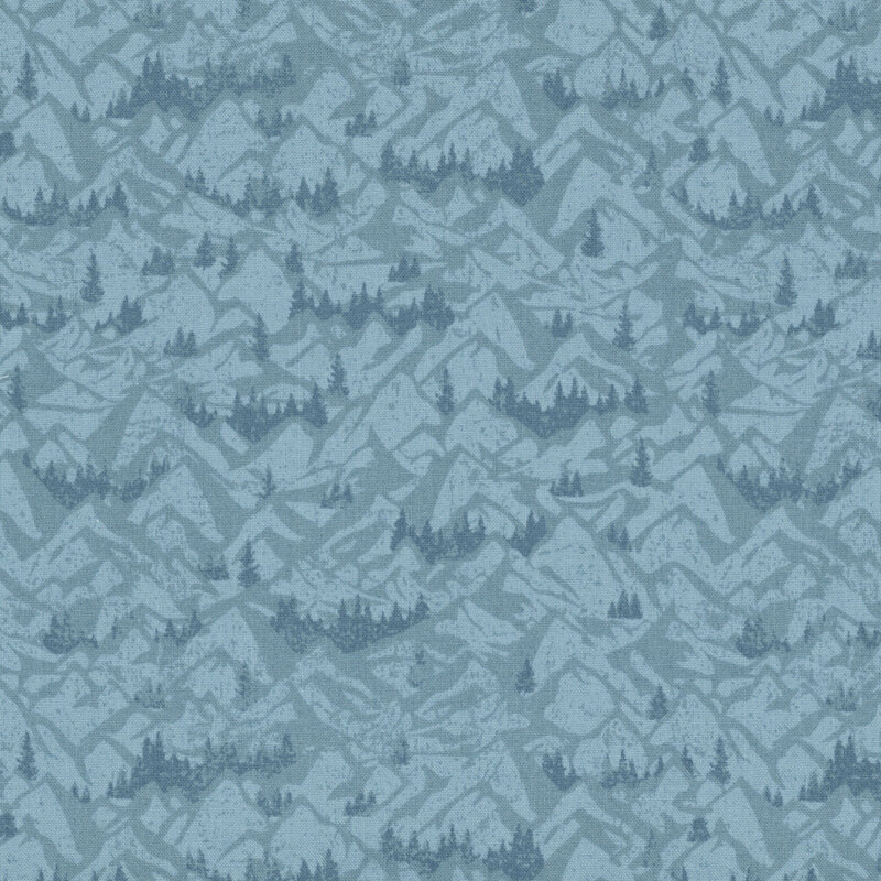 Tonal aqua fabric with a scenic pattern of majestic mountains and stylized trees.