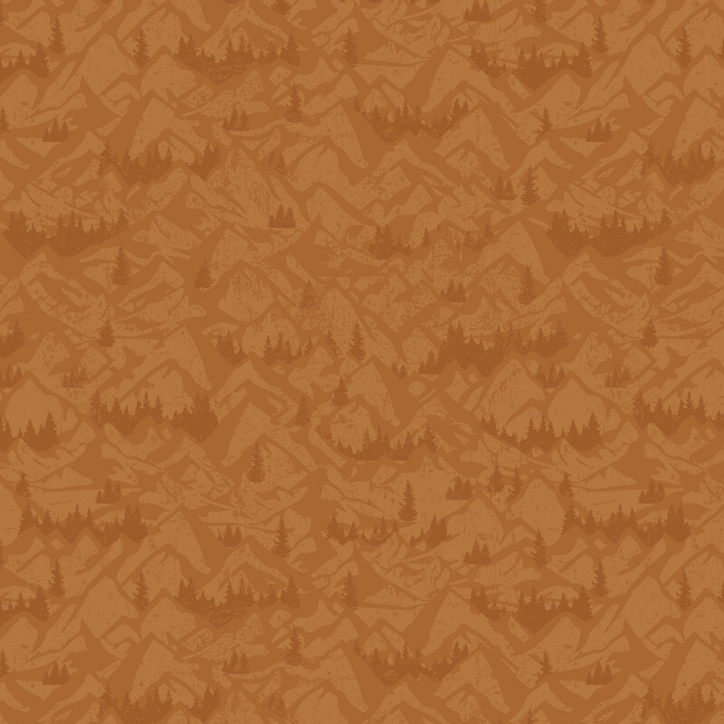 Tonal orange fabric with a scenic pattern of majestic mountains and stylized trees.