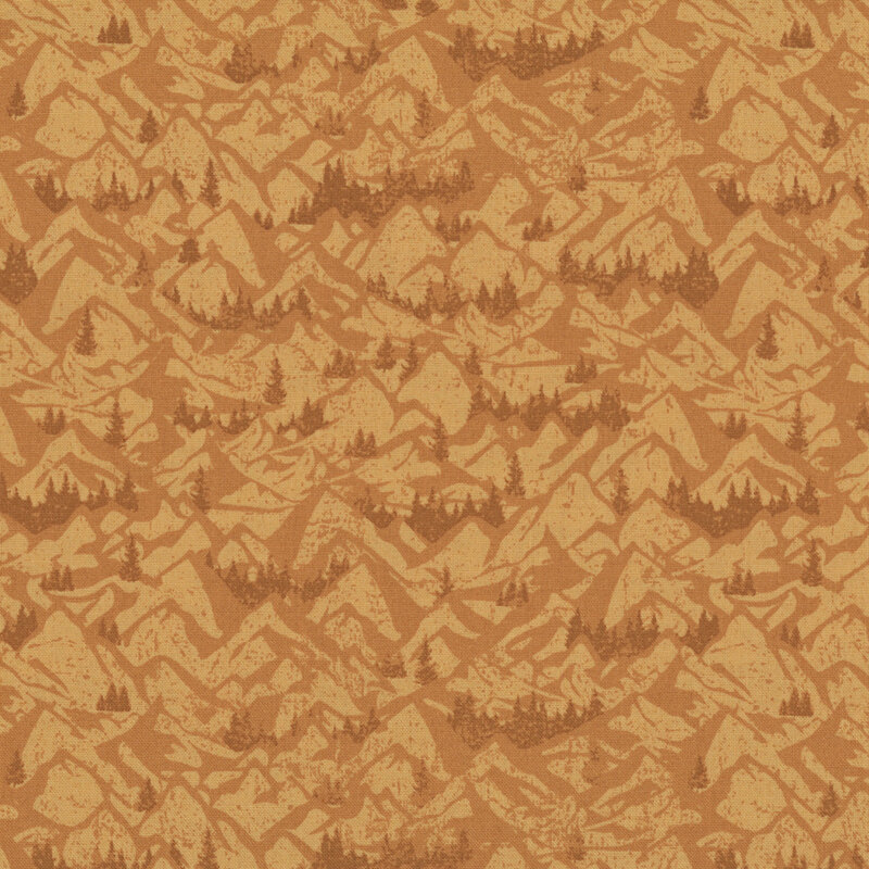 Tonal orange fabric with a scenic pattern of majestic mountains and stylized trees.