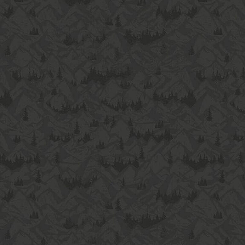 Tonal black fabric with a scenic pattern of majestic mountains and stylized trees.