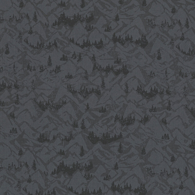 Tonal black fabric with a scenic pattern of majestic mountains and stylized trees.