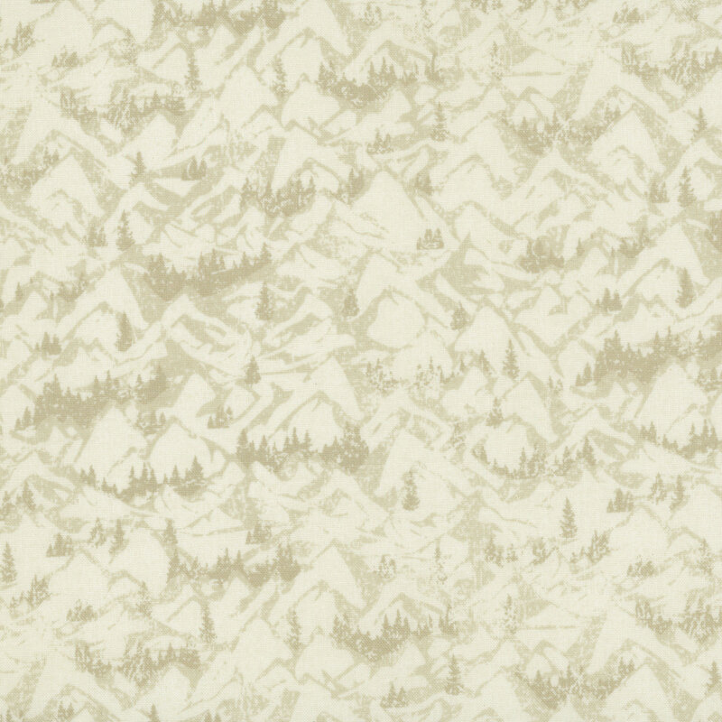 Tonal cream fabric with a scenic pattern of majestic mountains and stylized trees.