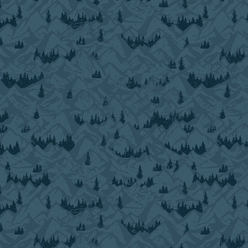 Tonal navy fabric with a scenic pattern of majestic mountains and stylized trees.