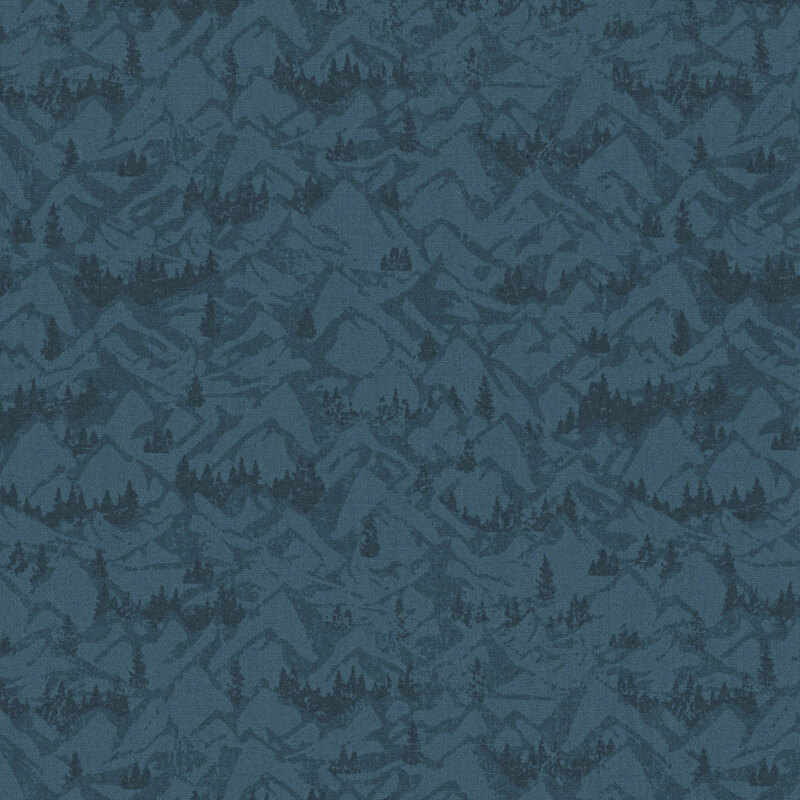 Tonal navy fabric with a scenic pattern of majestic mountains and stylized trees.