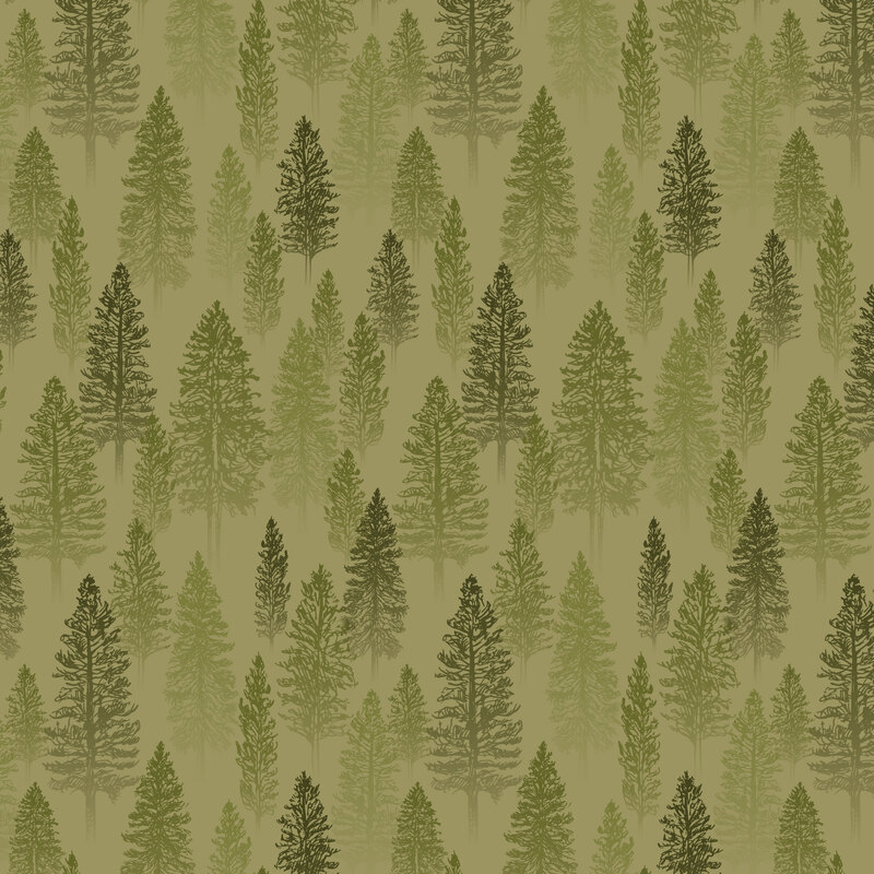 Green fabric with a subtle pattern of stylized trees. 