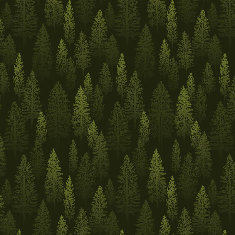 Green fabric with a subtle pattern of stylized trees. 