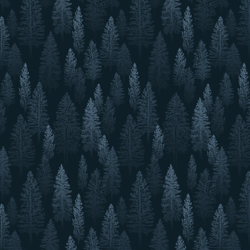 Navy blue fabric with a subtle tonal pattern of stylized trees.