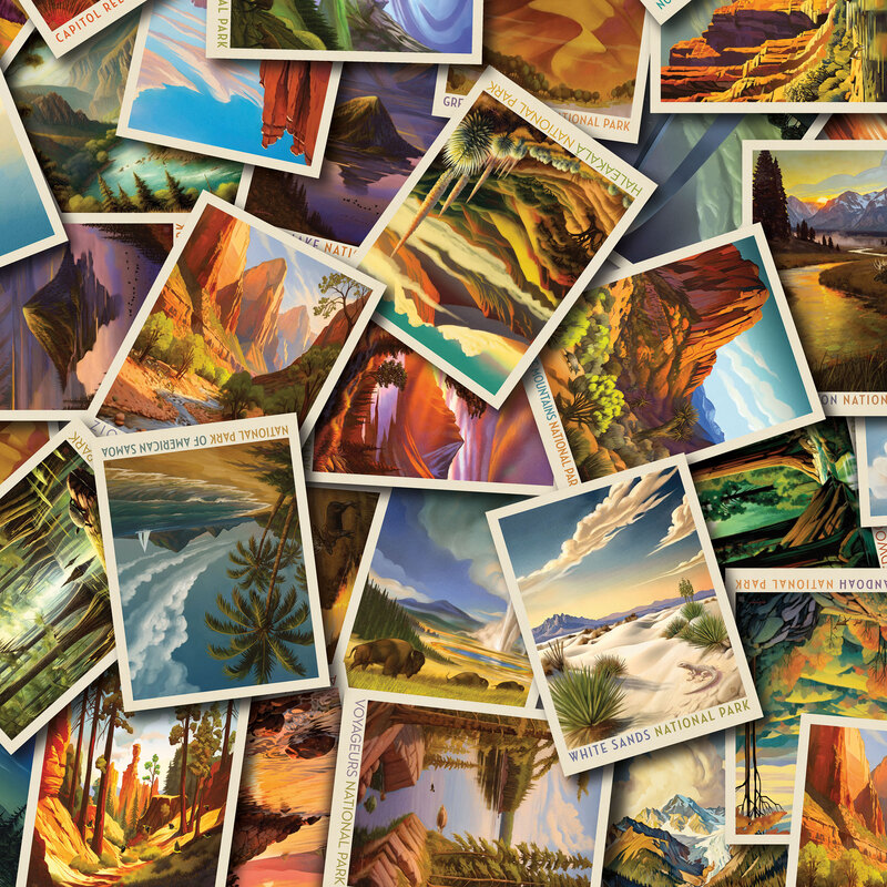 Fabric with a densely stacked pattern of novelty-inspired national park posters.