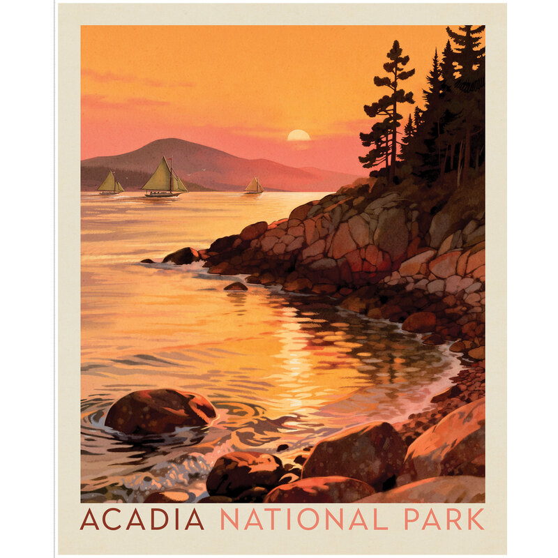 Fabric panel with a park poster design for Acadia National Park depicting a rocky cove scene.
