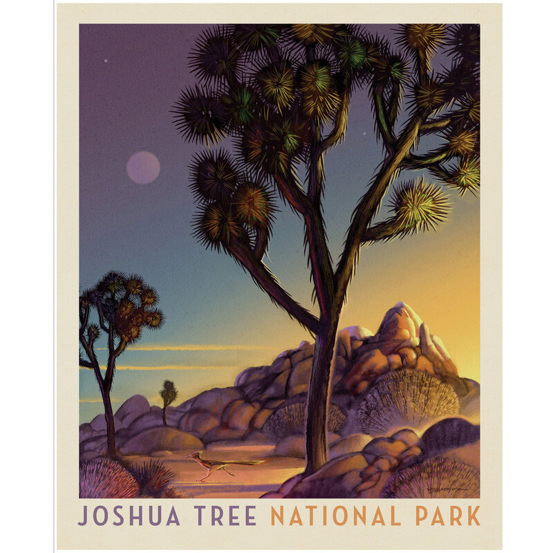 Fabric panel with a park poster design for Joshua Tree National Park depicting a twilight desert scene.