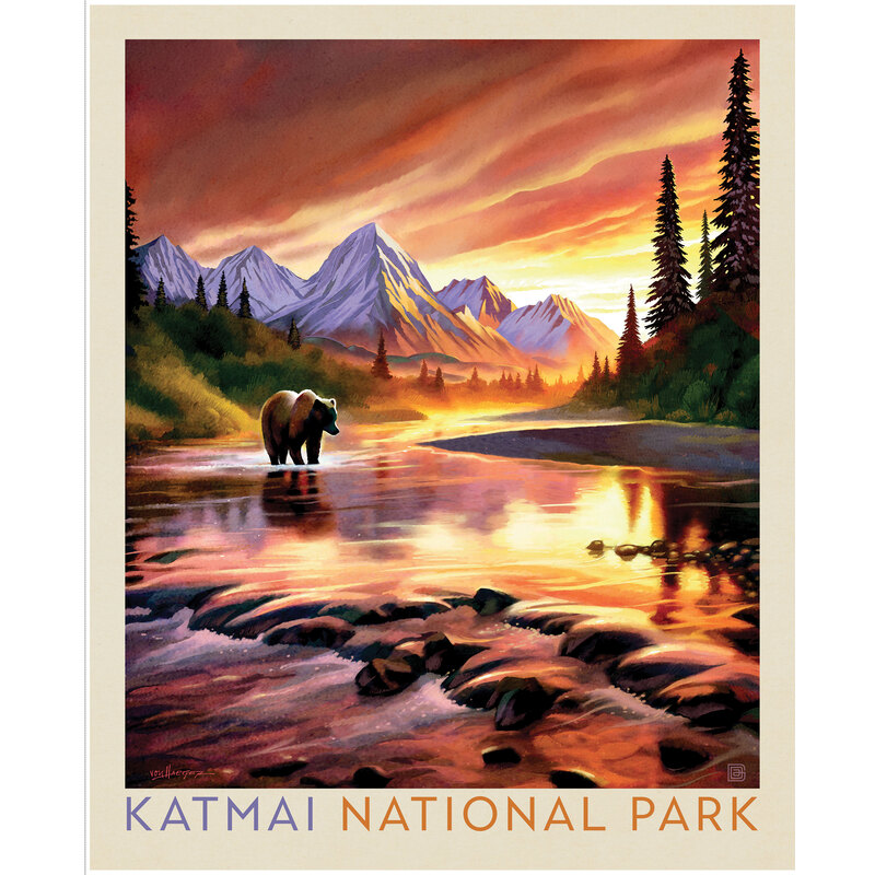 Fabric panel with a park poster design for Katmai National Park depicting a mountain scene with a bear.