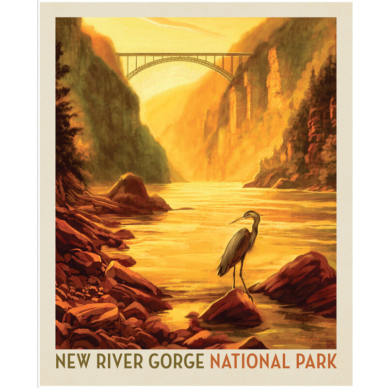 Fabric panel with a park poster design for River Gorge National Park depicting an afternoon river scene.