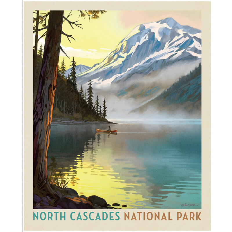 Fabric panel with a park poster design for North Cascades National Park depicting a mountain lake scene.