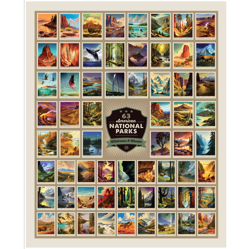 Wide Cream panel with a collection of 63 unique posters representing national parks across America.