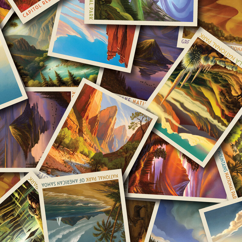 Wide fabric with a densely stacked pattern of novelty-inspired national park posters.