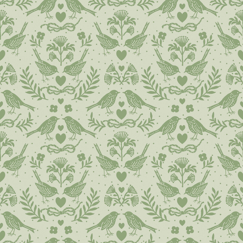 A light sage fabric with tonal dark sage birds, hearts, flowers, leaves, and rope bows. 
