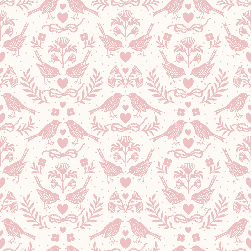 A pastel pink fabric featuring dusty pink birds, hearts, leaves, flowers, and rope bows. 