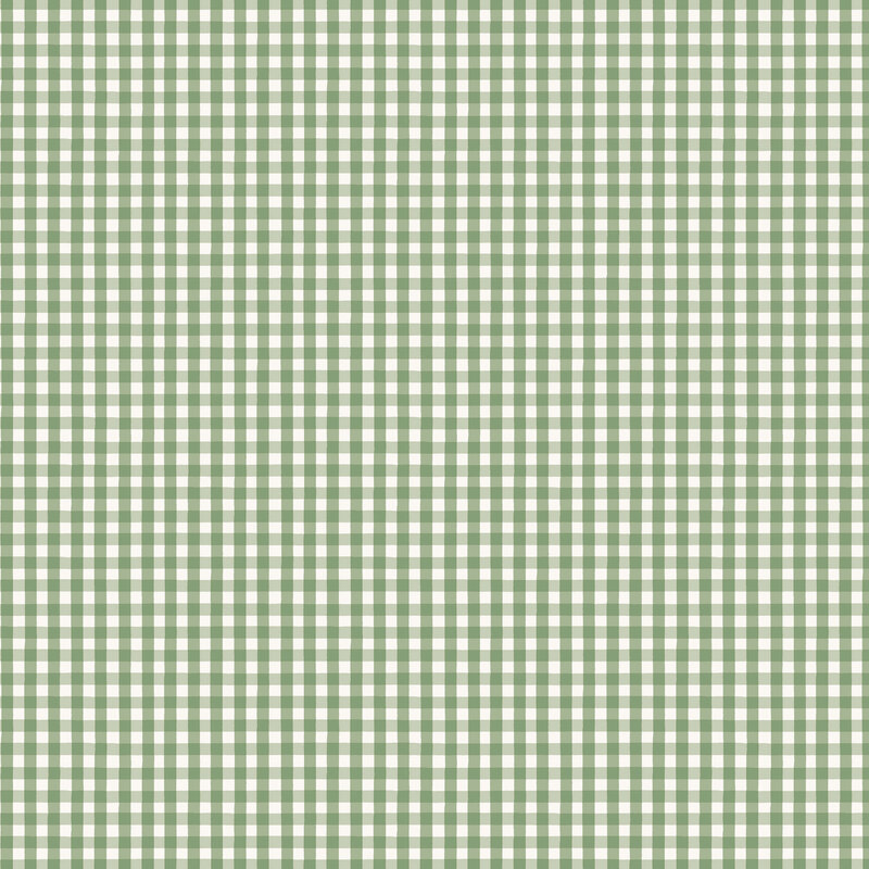 A white fabric featuring a sage green gingham pattern. 