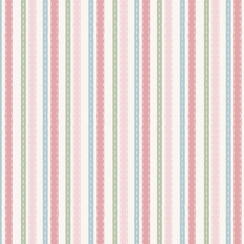 A multicolored fabric featuring pink, blue, and sage green stripes on an off-white background. 