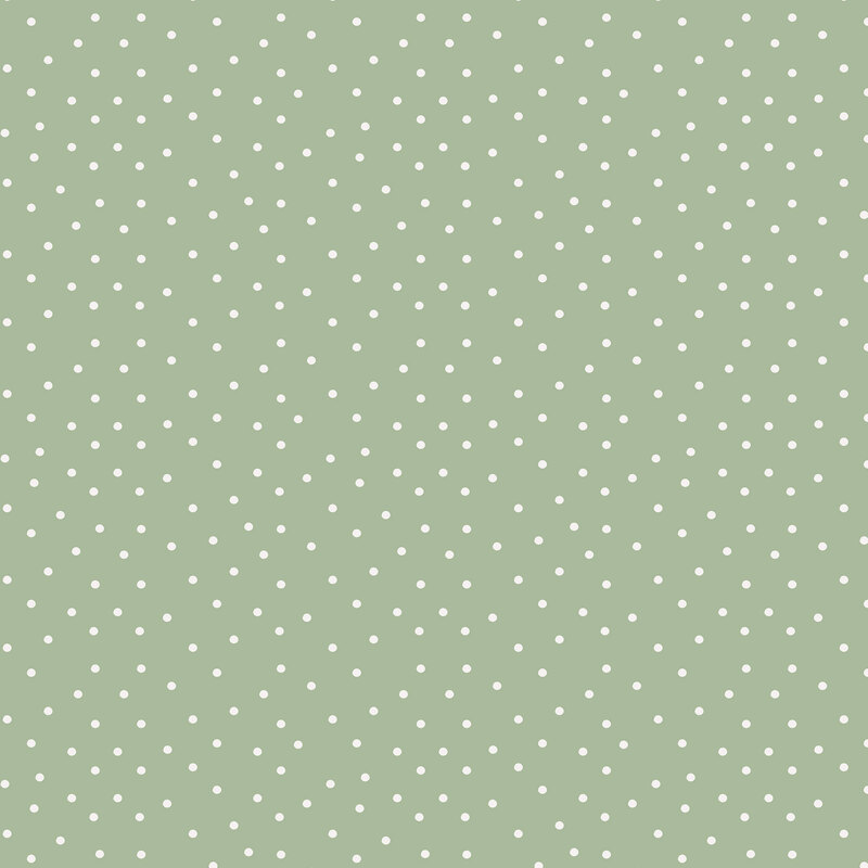 A cool sage fabric with scattered white polka dots. 