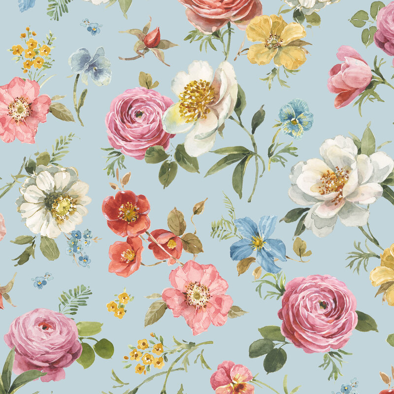 A light gray blue fabric featuring watercolor roses and assorted blossoms.