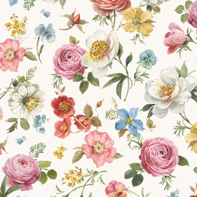 A cream fabric featuring watercolor roses and assorted blossoms. 