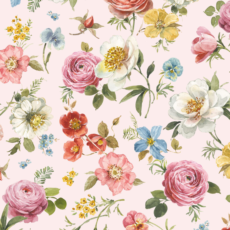 A pastel pink fabric with watercolor roses and assorted blossoms. 