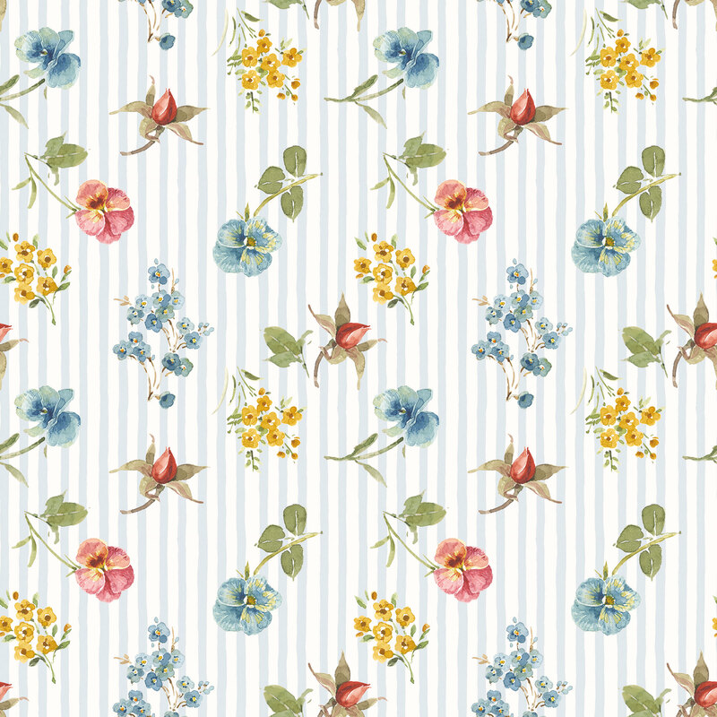 watercolor florals in pink, blue, and yellow over soft blue and white stripes.